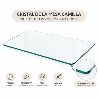 Mesa Camilla Rectangular Completa Alcores™ – Mesa + Tarima + Faldilla + Cristal (Incluye Tapete de Regalo)