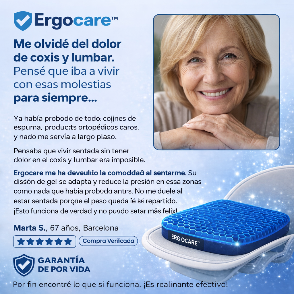 Vuelve a sentarte sin dolor. Cojín Ergocare™ elimina la presión que tu silla no puede.