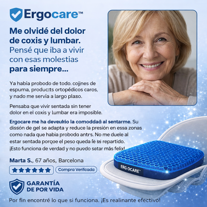 Vuelve a sentarte sin dolor. Cojín Ergocare™ elimina la presión que tu silla no puede.