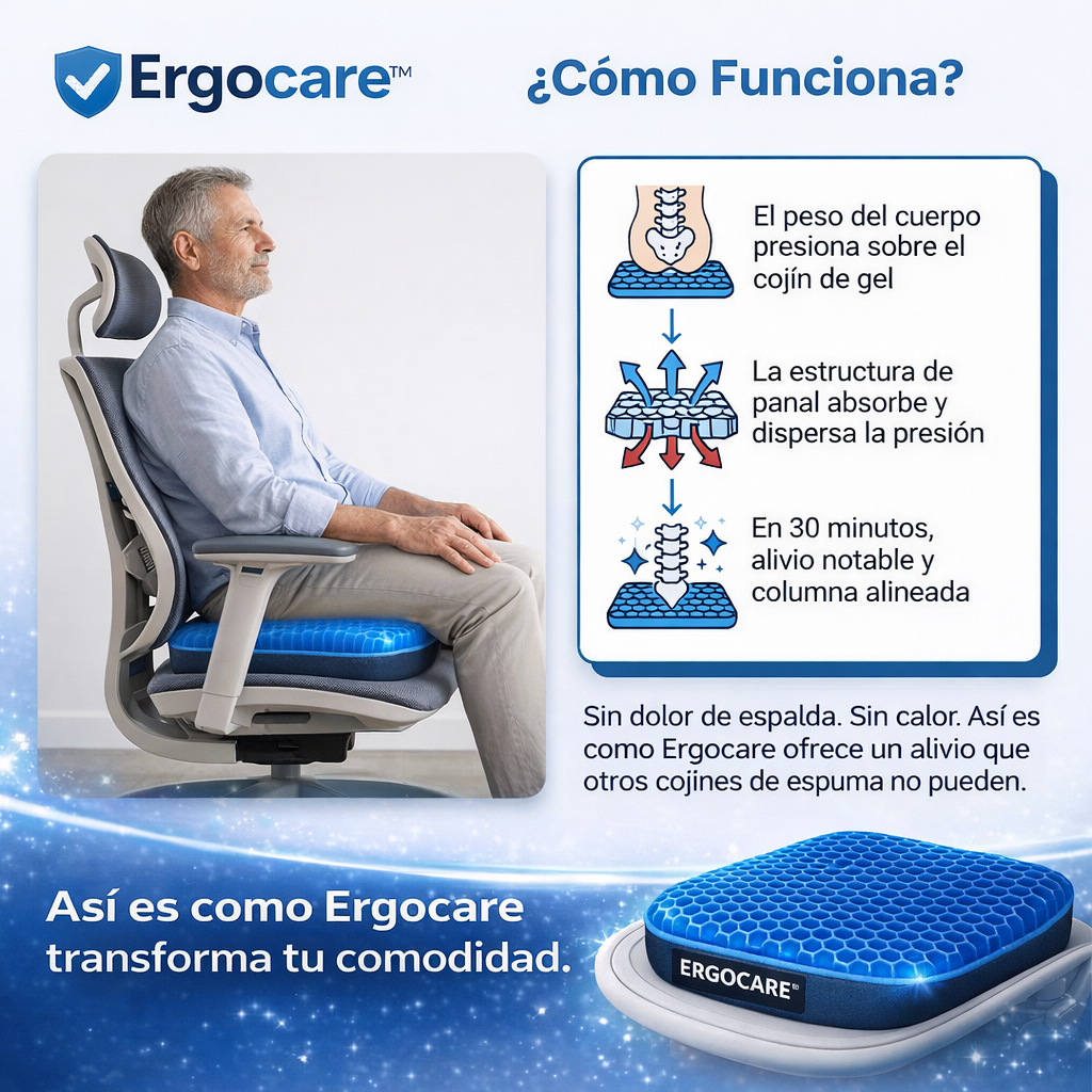 Vuelve a sentarte sin dolor. Cojín Ergocare™ elimina la presión que tu silla no puede.