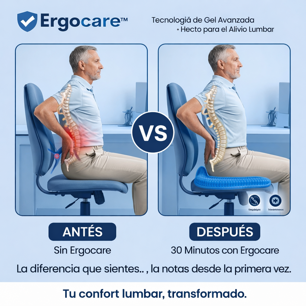 Vuelve a sentarte sin dolor. Cojín Ergocare™ elimina la presión que tu silla no puede.