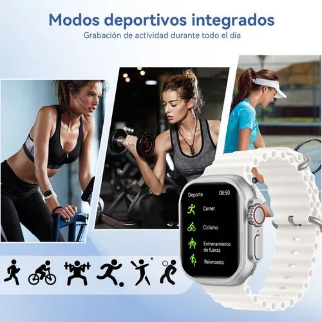 Smartwatch Ultra Pro con 2 correas (blanco + negro) Conéctate. Entrena. Vive con estilo.