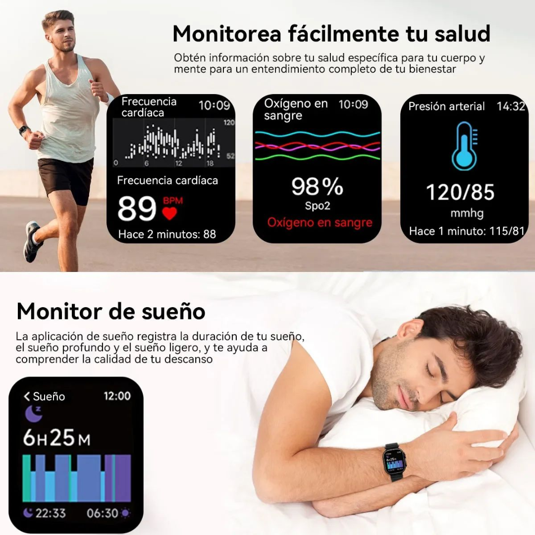 Smartwatch Ultra Pro con 2 correas (blanco + negro) Conéctate. Entrena. Vive con estilo.