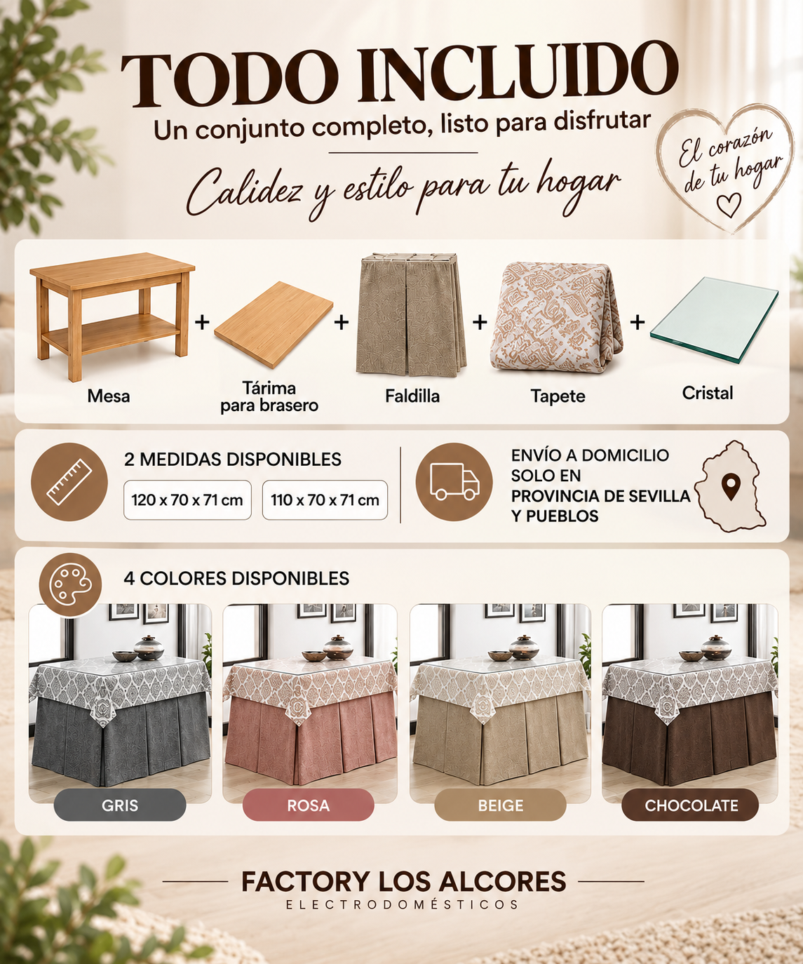 Mesa Camilla Rectangular Completa Alcores™ – Mesa + Tarima + Faldilla + Cristal (Incluye Tapete de Regalo)