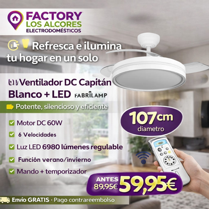 Ventilador DC Capitán 60W Blanco 107cm LED 6980Lm con Mando y Temporizador