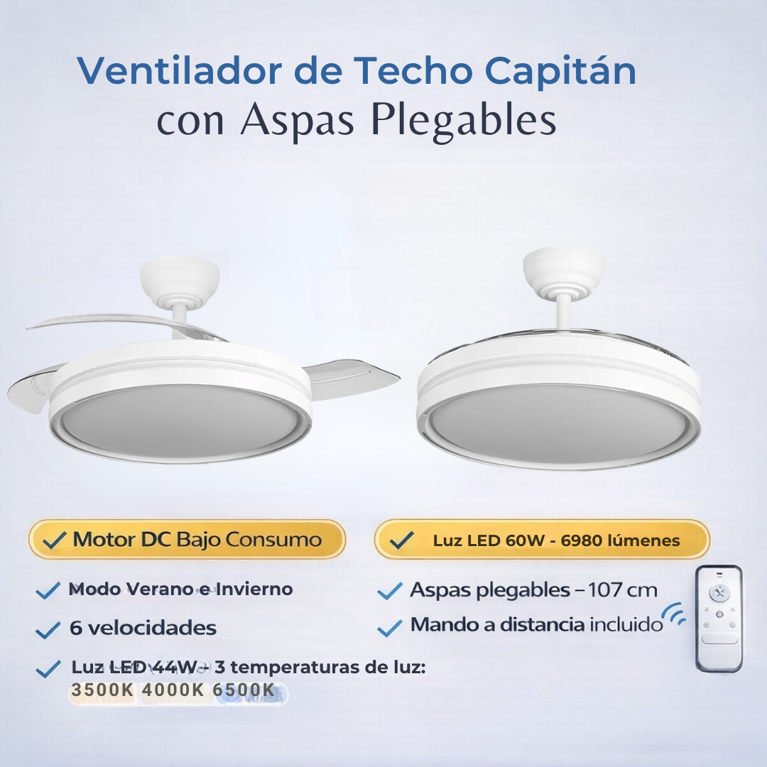 Ventilador DC Capitán 60W Blanco 107cm LED 6980Lm con Mando y Temporizador