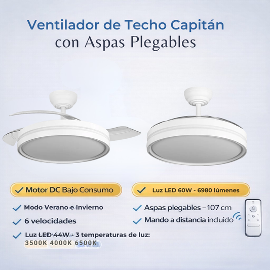 Ventilador DC Capitán 60W Blanco 107cm LED 6980Lm con Mando y Temporizador