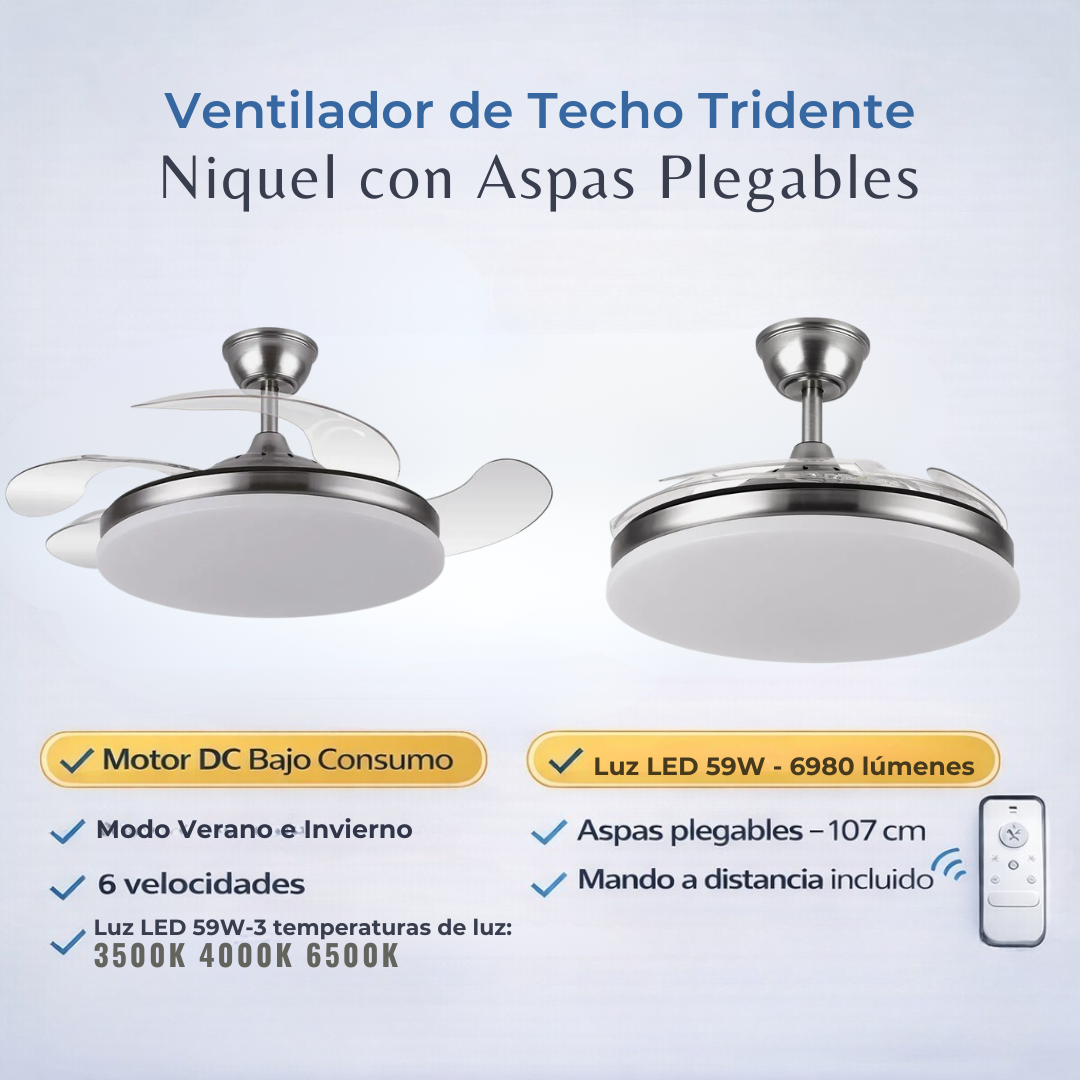 Ventilador de Techo Tridente Niquel Motor DC 59W 4 aspas 107cm con Mando y Temporizador