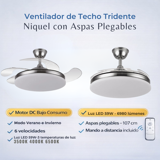 Ventilador de Techo Tridente Niquel Motor DC 59W 4 aspas 107cm con Mando y Temporizador