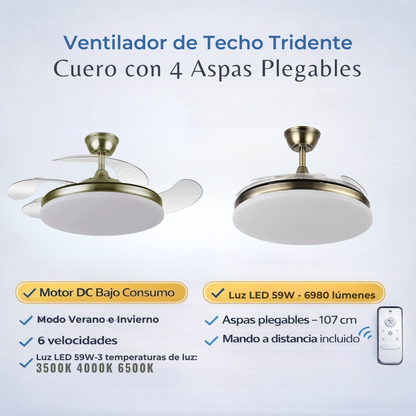 Ventilador de Techo Tridente Cuero Motor DC 59W 4 Aspas 107cm con Mando y Temporizador