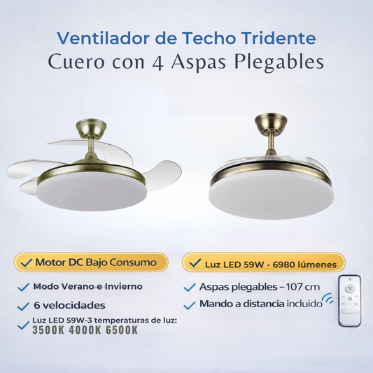 Ventilador de Techo Tridente Cuero Motor DC 59W 4 Aspas 107cm con Mando y Temporizador