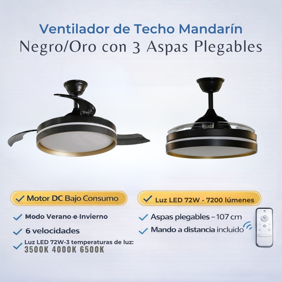 Ventilador de Techo Mandarín Negro/Oro Motor DC 72W 3 Aspas 108cm con Mando