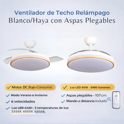 Ventilador de Techo Relámpago Motor DC 60W Blanco/Haya 107cm con mando y Temporizador