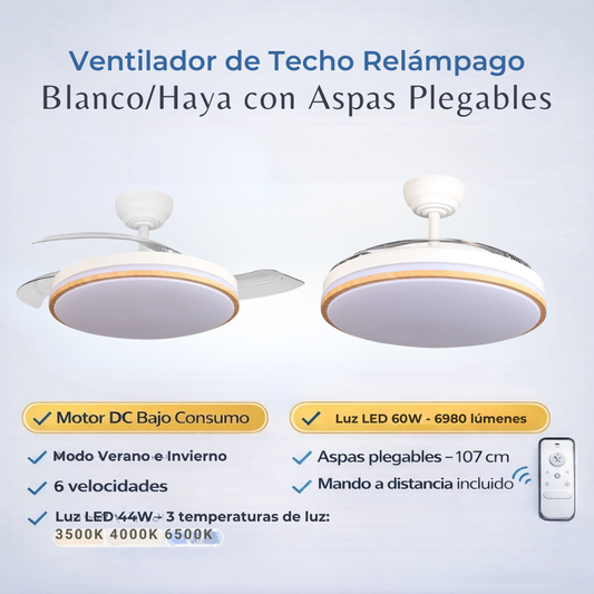 Ventilador de Techo Relámpago Motor DC 60W Blanco/Haya 107cm con mando y Temporizador