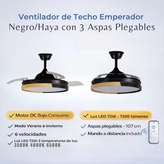 Ventilador de Techo Emperador Negro/Haya Motor DC 72W 108CM con Mando
